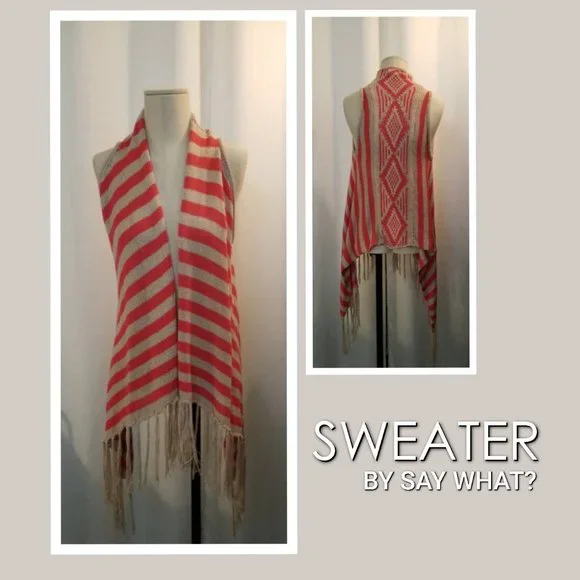 Orange Tan Striped Pattern Sleeveless Fringed Knit Vest M - Picture 1 of 6